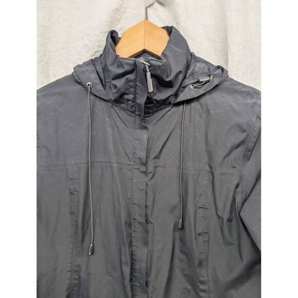 Modetta womens size Medium black geometric rain jacket wind breaker, hood zip T8 - Picture 2 of 14